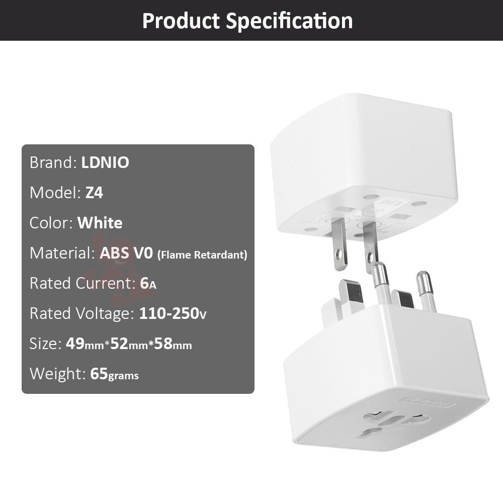 LDNIO Z4 Universal .Plug. Adapter with UK/EU/US/AU Pin & 2 Universal Socket (6A)