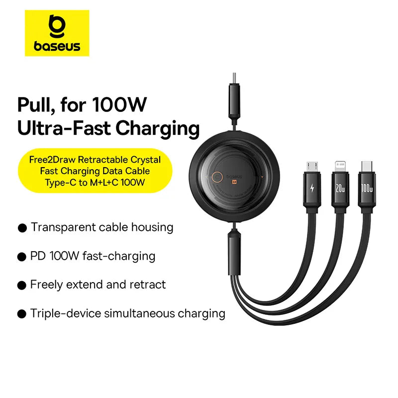 Baseus Free2Draw 100W Retractable 3-in-1 Fast Charging Cable