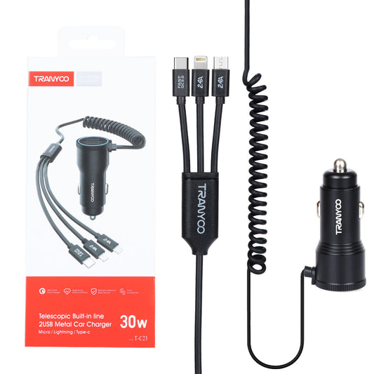 Tranyoo C23 Car Charger Fast Charging Dual Usb Charger Type-C IOS Micro Iph 3 in 1 Data Cable (Copy)