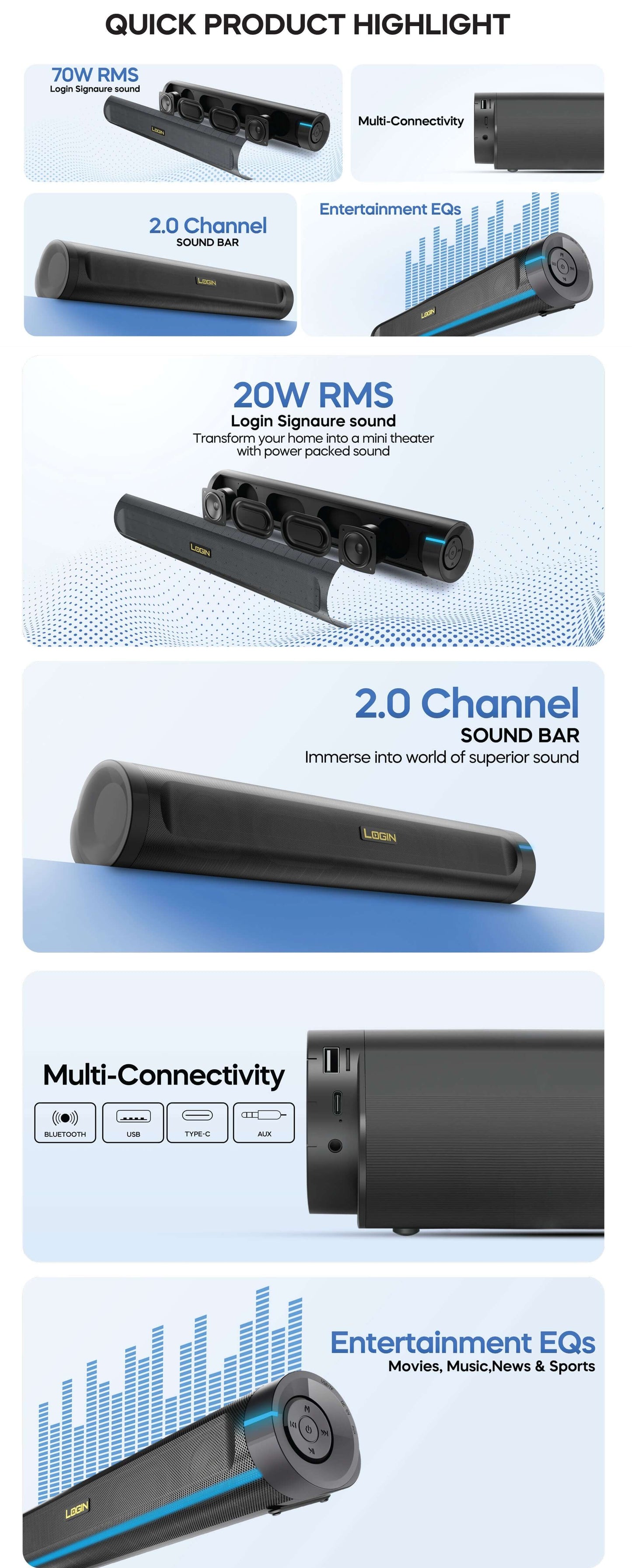 LOGIN L-270 - Wireless Soundbar 20w RMS