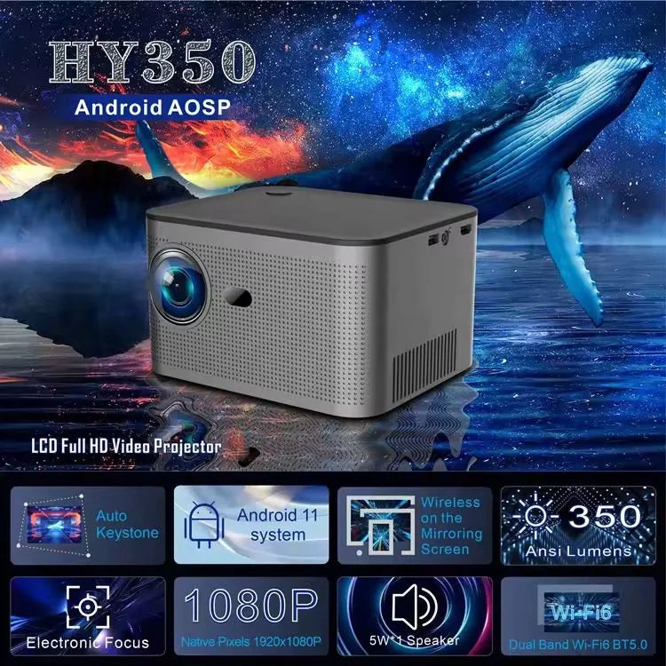 HY350 ANDROID 11.0V (CPU ALLWINNER H713) SMART PROJECTOR 2GB+32GB DUAL SPEAKER 1080P WITH DUAL BAND WIFI6 AND BLUETOOTH 5.0 BRIGHTNESS (LUMENS) 580 ANSI SUPPORT 4K