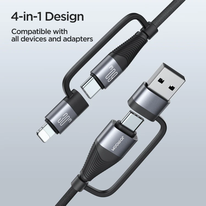JOYROOM SA37-2T2 Multi-Function Series 60W 4-in-1 Fast Charging Data Cable (USB-A+Type-C to Lightning+Type-C) 1.2m-Black