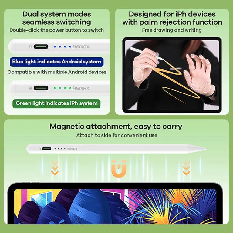 Remax AP08 Stylus Pen White Supports IOS and Android with Palm Rejection Rechargeable