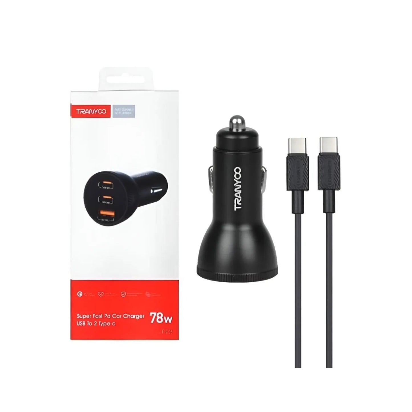 TRANYOO T-C25 SUPER FAST CAR CHARGER USB TO 2 TYPE - C 78W
